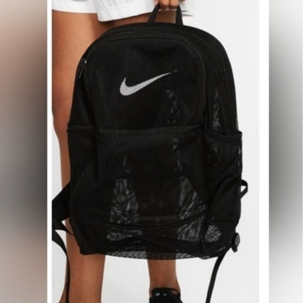 Nike Brasilla Mesh Backpack Black White Logo Swoosh Unisex School Concert Travel - Picture 13 of 16